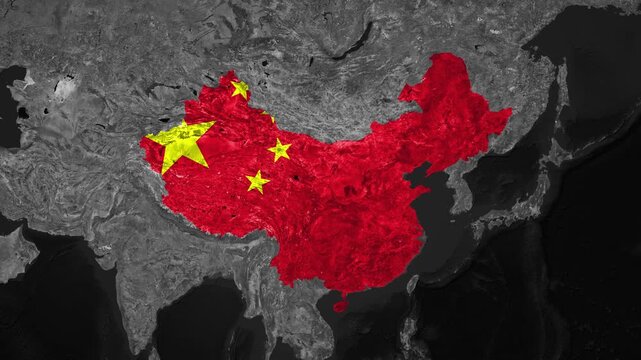 Zoom from Earth to China. (Country Flag) Documentary dark map animation with highlighted country borders. 3d satellite world map animation highlights aerial views, tourism, and travel. 4k