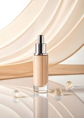A luxurious glass bottle of liquid foundation with a silver dropper cap and elegant beige backdrop