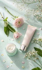 Natural skincare products and flowers on a refreshing light green surface