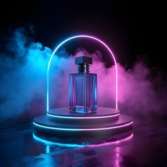 A futuristic perfume bottle display featuring vibrant neon pink and blue lighting with dramatic fog
