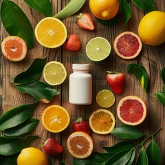 realistic product photo of supplement bottle fresh citrus slices green leave lifestyle vibrant color