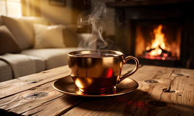 Cozy Evening: Steaming Golden Coffee Cup by Fireplace and Sofa