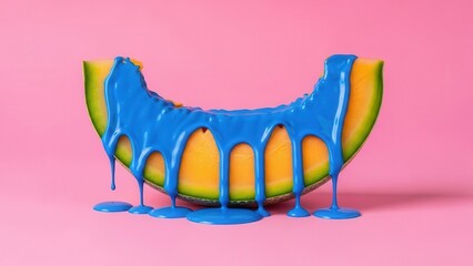 Slice of cantaloupe with blue paint dripping on pink background
