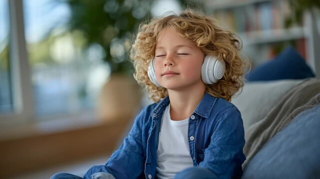 487Young child with autism peacefully listening to music, eyes closed, wearing headphones, calm expression, sitting in cozy home therapy environment with soft natural light, sensory r