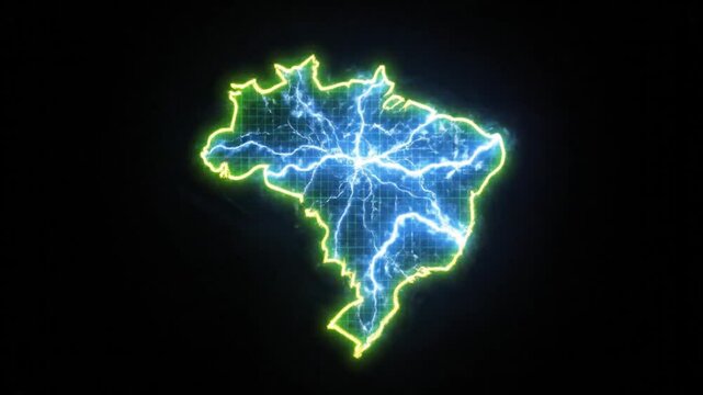 Glowing neon map of Brazil with electric blue lightning effect