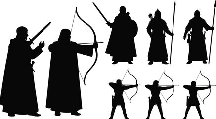 Medieval warrior silhouettes collection with ancient knight archer and soldier vector icons set including sword bow and spear poses for fantasy © Utpal