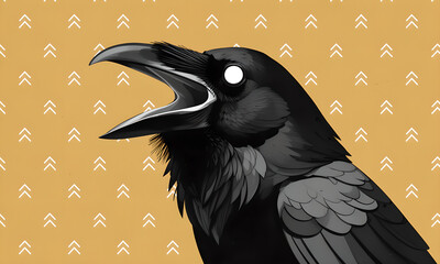 Close-up portrait of a black raven with mouth open against a patterned yellow background.