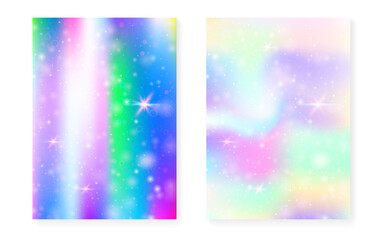 Unicorn background with kawaii magic gradient. Princess rainbow hologram. Holographic fairy set. Spectrum fantasy cover. Unicorn background with sparkles and stars for cute girl party invitation.