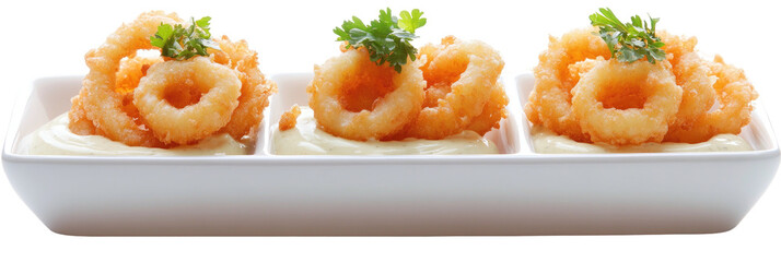 Fried calamari rings with sauce in white divided dish
