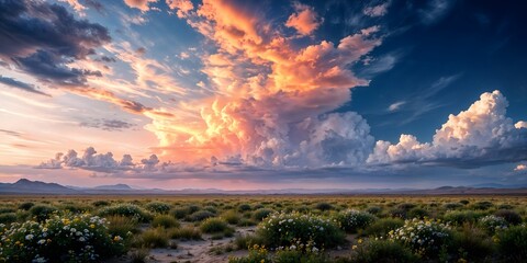 Dramatic sunset over a wide open landscape, showcasing vibrant and fiery clouds above a desert field