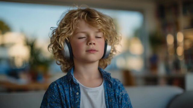 503Young child immersed in auditory therapy, headphones on, eyes closed in calm concentration, soft home environment with muted tones, sensory-friendly setup