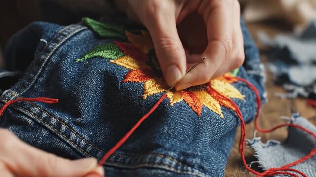 Close-up of hands embroidering a sunflower onto denim fabric with red thread