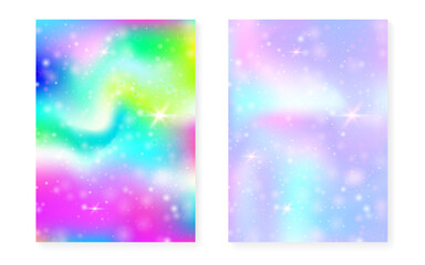 Unicorn background with kawaii magic gradient. Princess rainbow hologram. Holographic fairy set. Mystical fantasy cover. Unicorn background with sparkles and stars for cute girl party invitation.