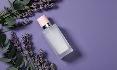 Frosted glass perfume bottle with pink cap and lavender sprigs on purple background