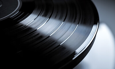 Close-up view of a black vinyl record's grooves with light reflections