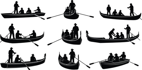 Set of Gondola and Rowing Boat Silhouettes with People Isolated on White Background for Venice Travel Tourism Romantic Italian Graphic Elements © Utpal
