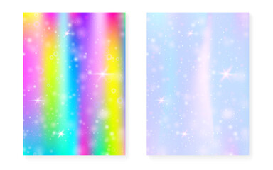 Kawaii background with rainbow princess gradient. Magic unicorn hologram. Holographic fairy set. Multicolor fantasy cover. Kawaii background with sparkles and stars for cute girl party invitation.