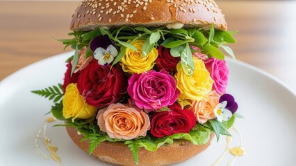 Gourmet burger bun filled entirely with colorful fresh roses and greens