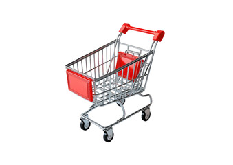 Small red & silver shopping cart on a black background