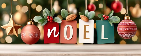 Noel word in white script with festive decorations, gifts, and ornaments for Christmas greetings