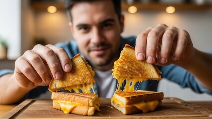 Smiling man holding up halves of four sectioned grilled cheese sandwiches with dripping melted cheese