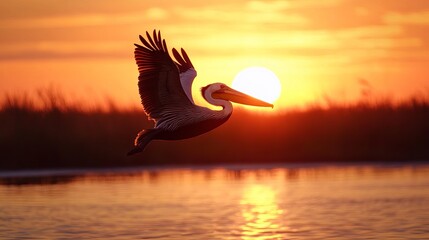 A pelican flies over a serene body of water during a vibrant sunset