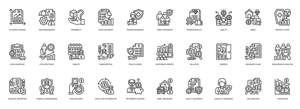 Actuarial Science line style icon set. Containing Actuarial Science, Risk Management, Probability, Insurance, Family Insurance, Premium Quality