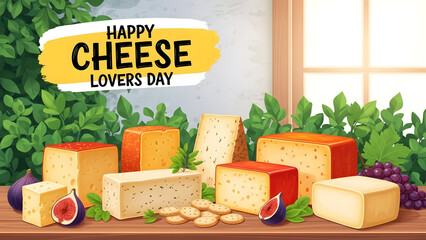 Assortment of cheeses figs grapes and crackers with happy cheese lovers day text