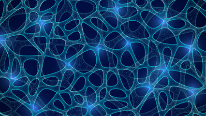 Blue Organic Cell Pattern With Neural Texture. Abstract Voronoi Network. Ai Bg With Neuron And Synapse Geometry. Cyber Grid And Mesh. Techno Background With Dynamic Lines And Curve. Biology Structure