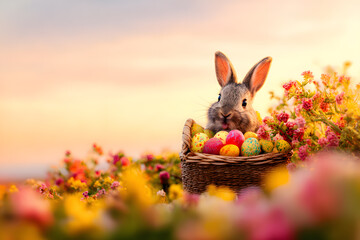 Rabbit sits in a basket filled with colorful eggs among flowers during sunset in a garden