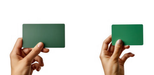 Two hands holding simple green cards showcasing a blank surface for design elements on transparent background