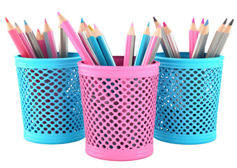 Colored pencils in blue & pink perforated containers