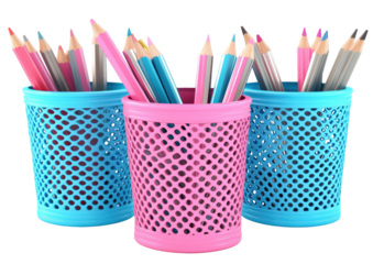 Colored pencils in blue & pink perforated containers