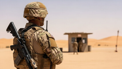 Soldier observing in a desert setting, exuding vigilance while monitoring surroundings,