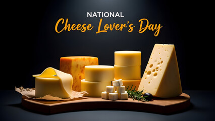 Assortment of yellow cheeses displayed on wooden board with text