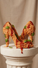 A surreal editorial photograph of high-fashion stiletto heels sculpted entirely from tangled spaghetti pasta, dripping tomato sauce, and basil leaves. 
