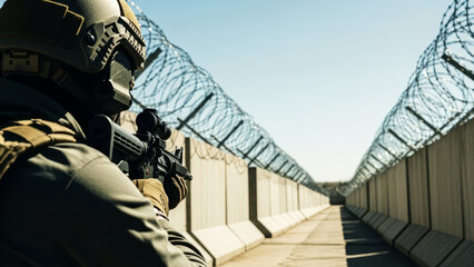 Armed soldier on alert with a serious demeanor patrolling a secure perimeter against a backdrop of barbed wire and clear skies, symbolizing vigilance in conflict zones.