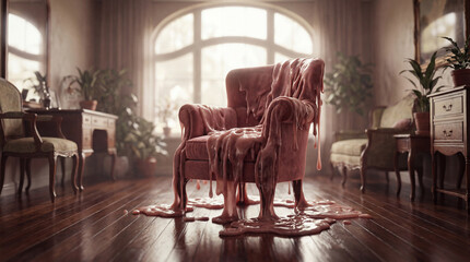 A surreal interior photograph where a plush, dusty rose velvet armchair is melting like viscous wax into a large puddle on a polished wooden floor.
