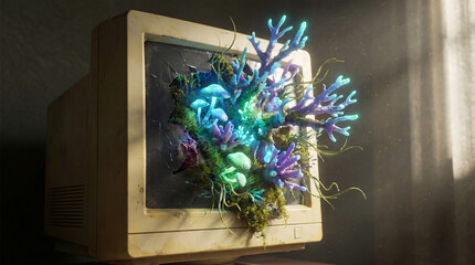 A surreal photograph of a generic vintage beige CRT monitor. The screen is broken and exploding with colorful bioluminescent coral reef, exotic fungi, and moss bursting outwards.