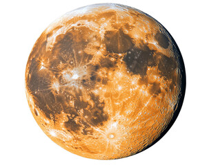 Orange-tinted moon shows craters and surface details