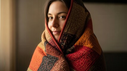 Woman wrapped in colorful quilted patchwork blanket looking at camera with gentle smile