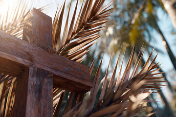 Wooden cross surrounded by palm leaves in a natural setting during daylight hours