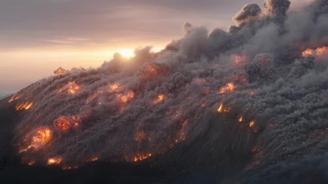 Volcanic eruption with pyroclastic flow and glowing lava at sunset, dramatic natural disaster footage