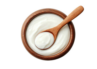 Creamy white yogurt in wooden bowl with small spoon