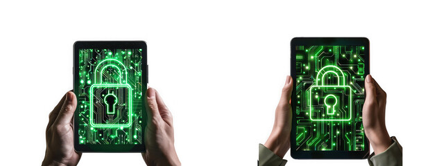 Two hands holding smartphones displaying a glowing green lock and digital security interface on transparent background