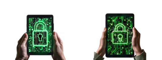 Two hands holding smartphones displaying a glowing green lock and digital security interface on transparent background