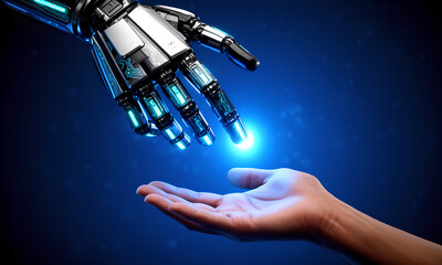 Robot hand glowing connects with human palm on dark blue background, symbolizing AI future.