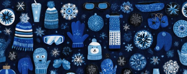 Blue winter pattern with mittens, hats, scarves, goggles and cozy accessories for festive cold weather