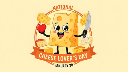 Cheerful cheese character holding heart and knife surrounded by cheese pieces