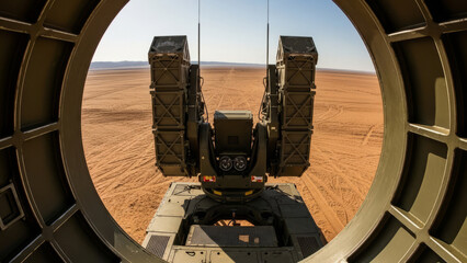 Military missile battery positioned in a desert landscape with a focus on defense technology